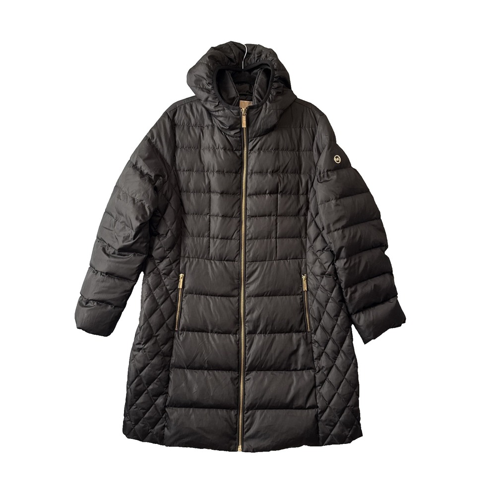 Michael Kors Down Puffer Coat XL Black Mid Length Hooded Double Zip Jacket Heavy